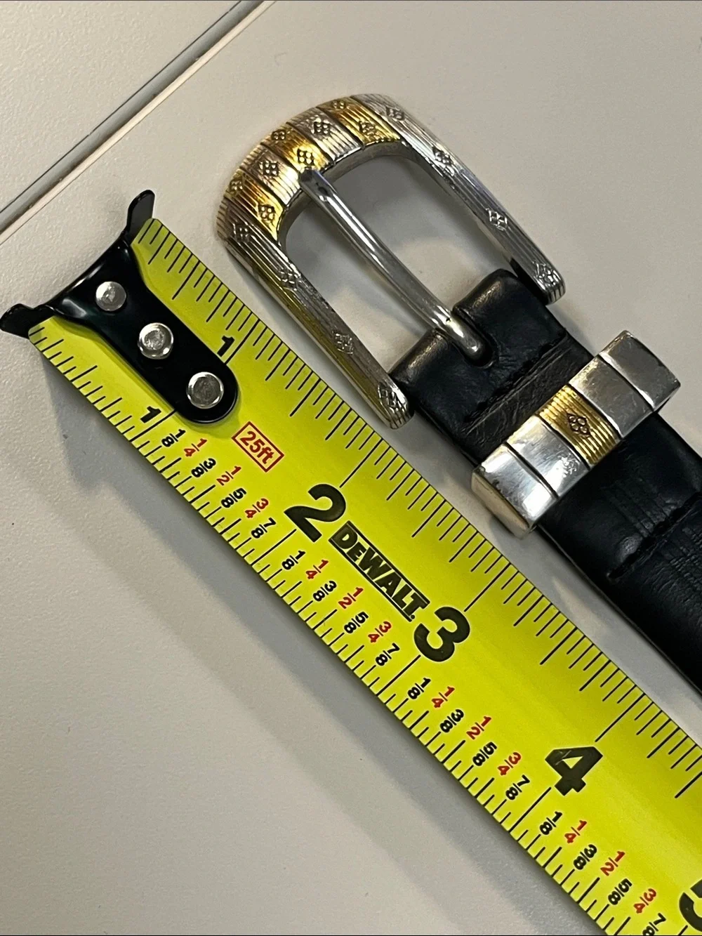 Bill Adler Studio Black Leather Belt with Two-Tone Silver & Gold Buckle 42”
